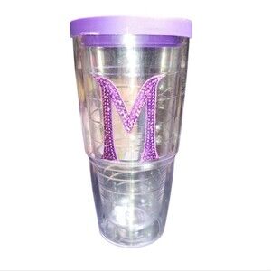 Tervis 24oz Hot or Cold Purple Topped Sequined "M" Initial Clear Acrylic Tumbler